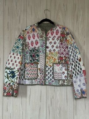 Handmade Patchwork Quilted Jacket - Multicolor & Green Striped, Size M *READ DES